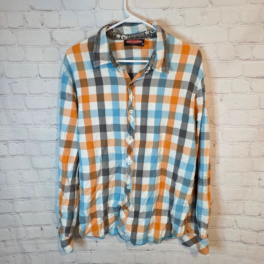 Men's Mambo Plaid Button-Down Shirt - Orange, Blue, White, Size Large